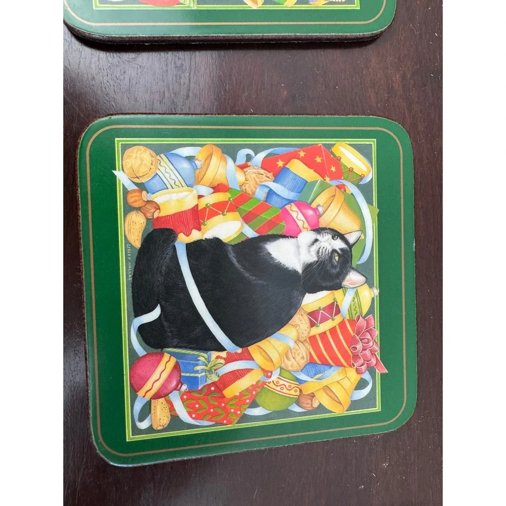 Vintage Pimpernel Christmas Cat Coasters Set of 6 Cork Back Holiday Green